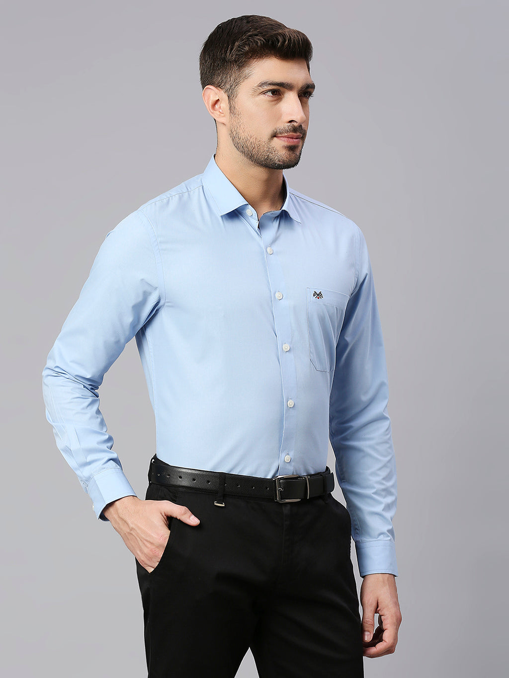 Thomas Scott Men Sky Blue Spread Collar Long Sleeves Classic Slim Fit Solid 100% Cotton Formal Shirt