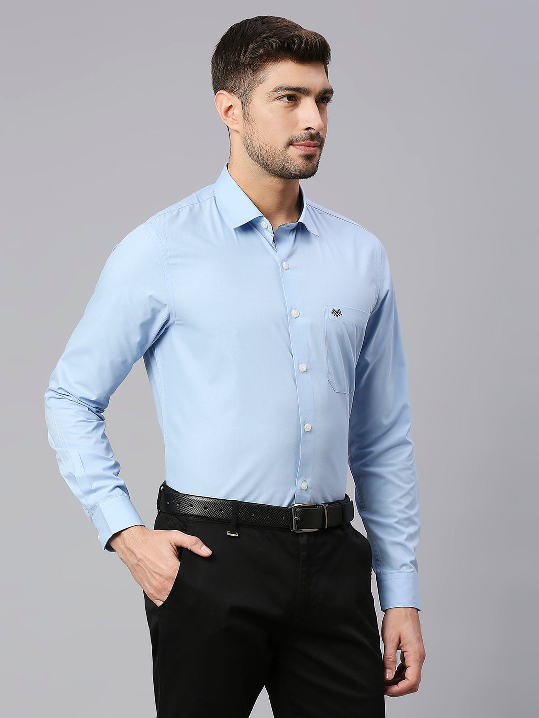 Thomas Scott Men Sky Blue Spread Collar Long Sleeves Classic Slim Fit Solid 100% Cotton Formal Shirt