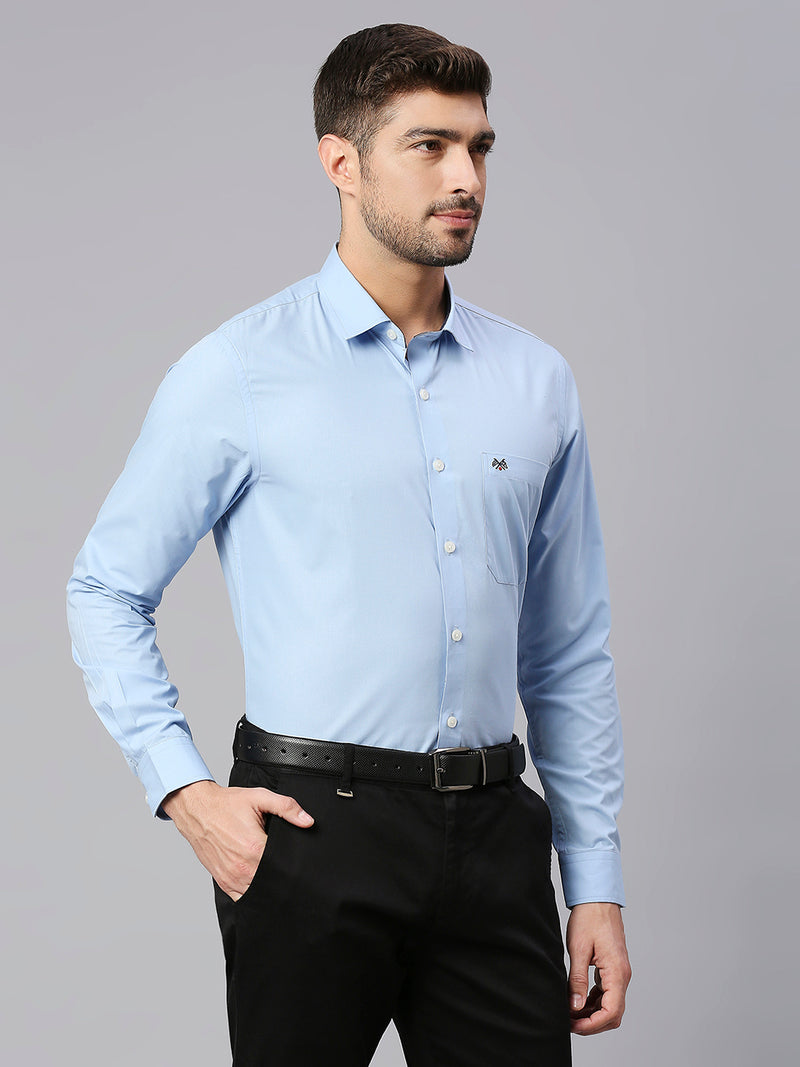 Thomas Scott Men Sky Blue Spread Collar Long Sleeves Classic Slim Fit Solid 100% Cotton Formal Shirt