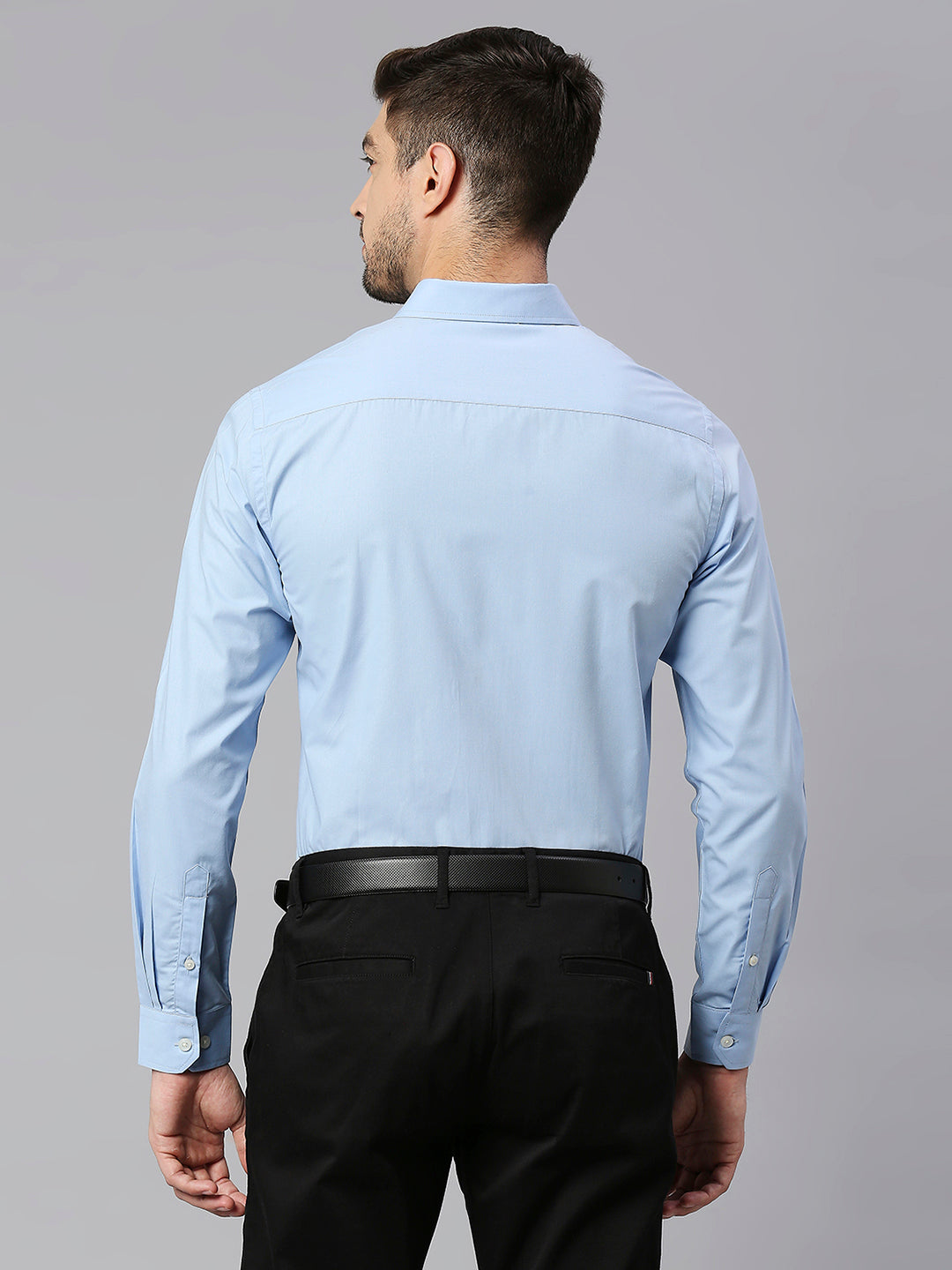 Thomas Scott Men Sky Blue Spread Collar Long Sleeves Classic Slim Fit Solid 100% Cotton Formal Shirt