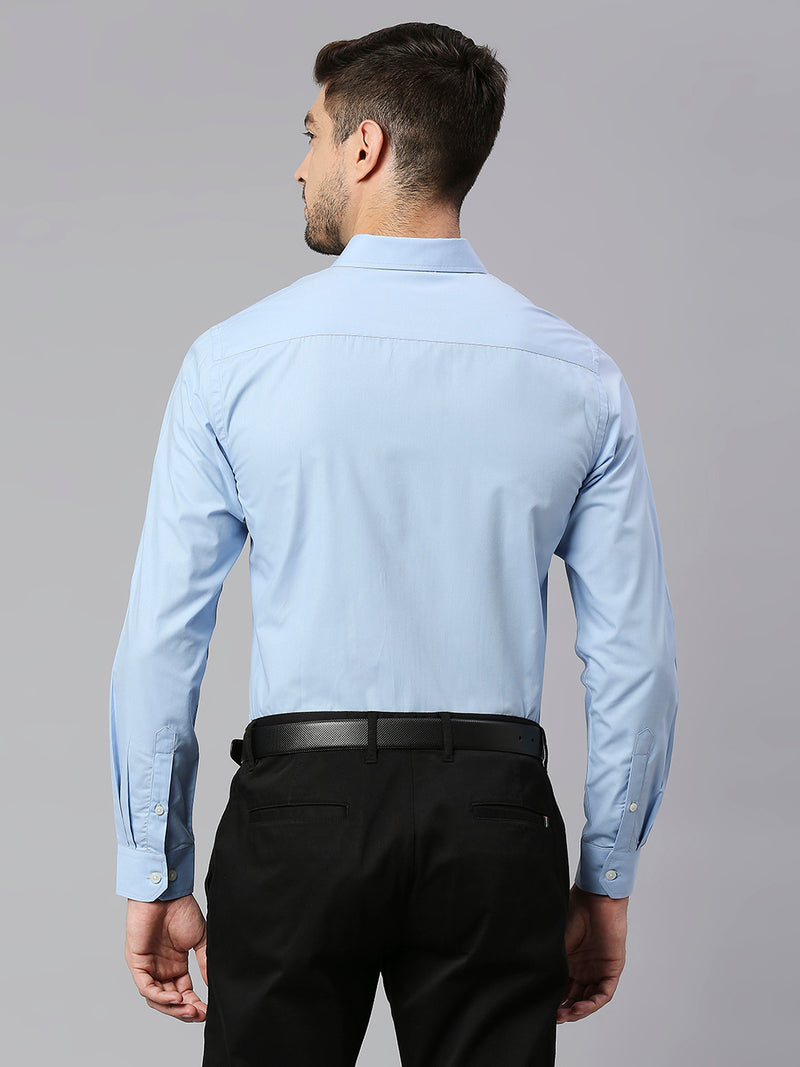 Thomas Scott Men Sky Blue Spread Collar Long Sleeves Classic Slim Fit Solid 100% Cotton Formal Shirt