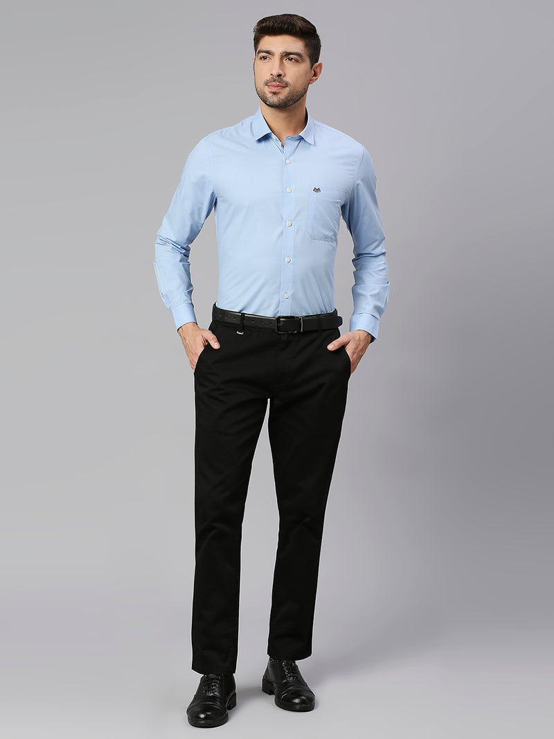 Thomas Scott Men Sky Blue Spread Collar Long Sleeves Classic Slim Fit Solid 100% Cotton Formal Shirt