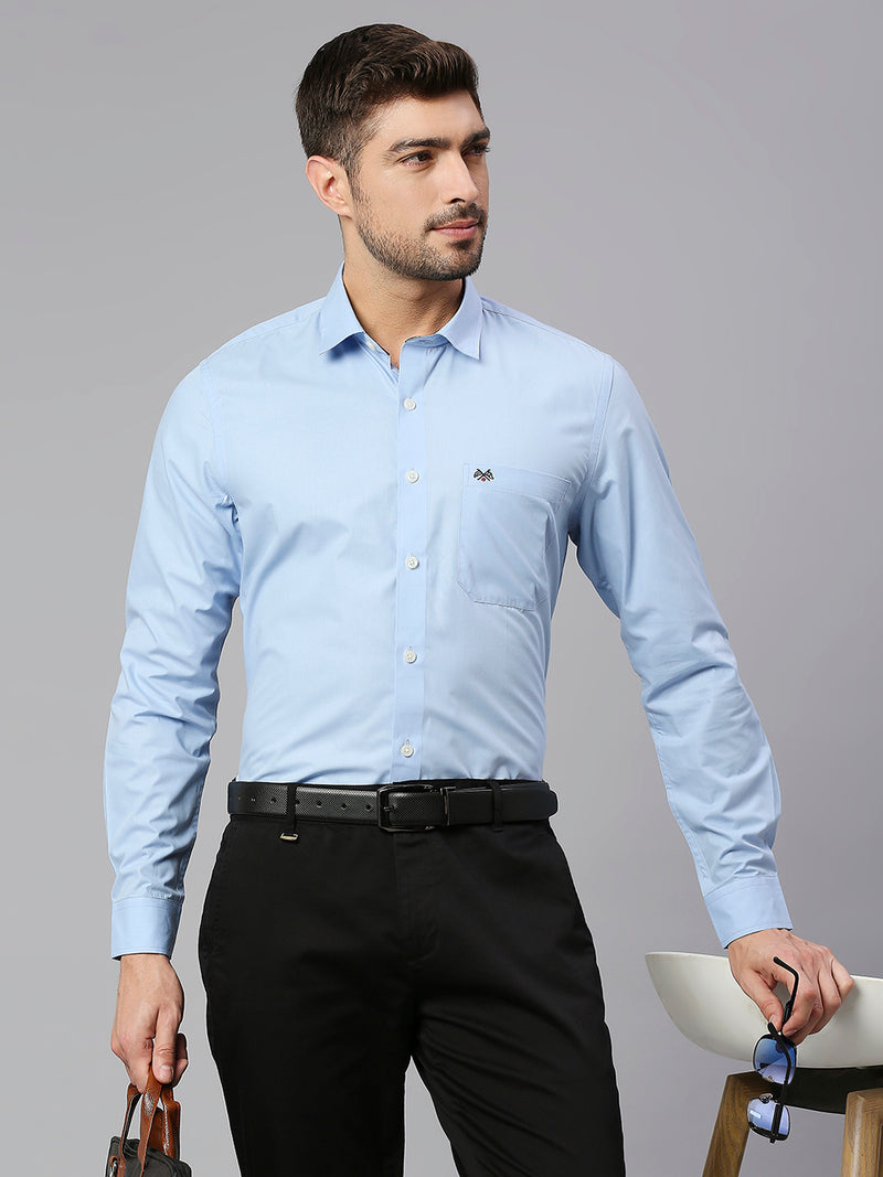 Thomas Scott Men Sky Blue Spread Collar Long Sleeves Classic Slim Fit Solid 100% Cotton Formal Shirt