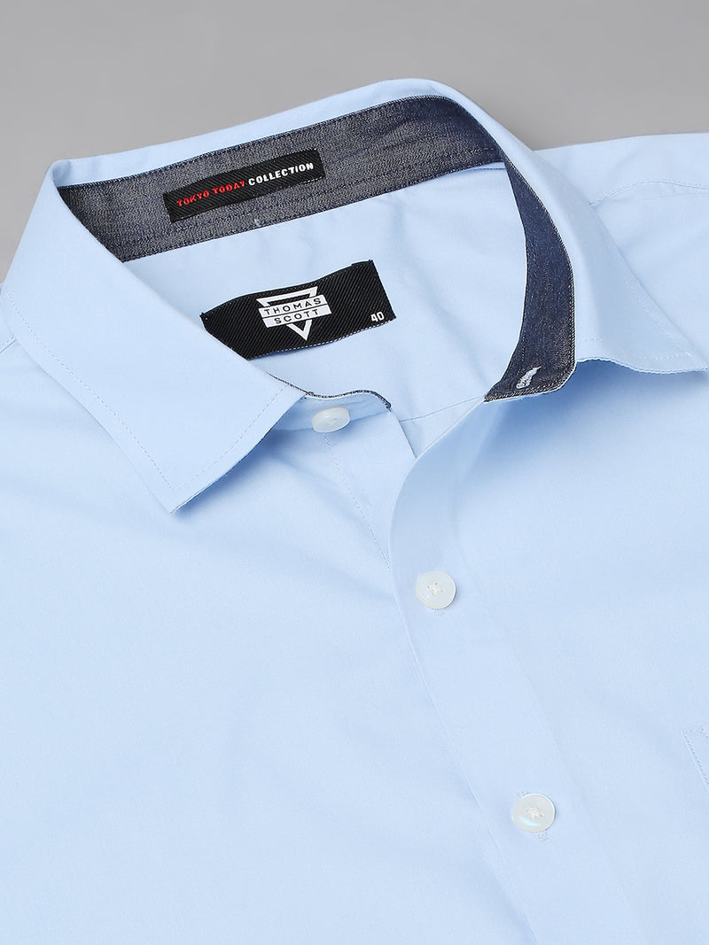 Thomas Scott Men Sky Blue Spread Collar Long Sleeves Classic Slim Fit Solid 100% Cotton Formal Shirt