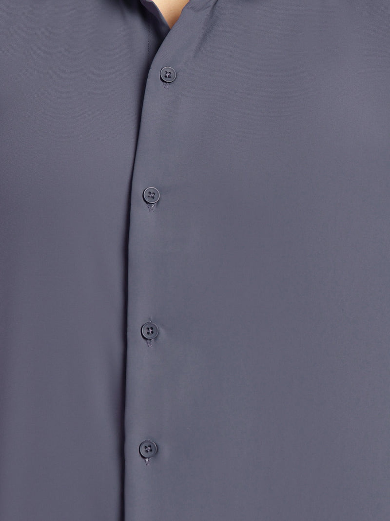 Thomas Scott Men Grey Regular Fit Short Sleeves Spread Collar Solid Polyester Casual Shirt