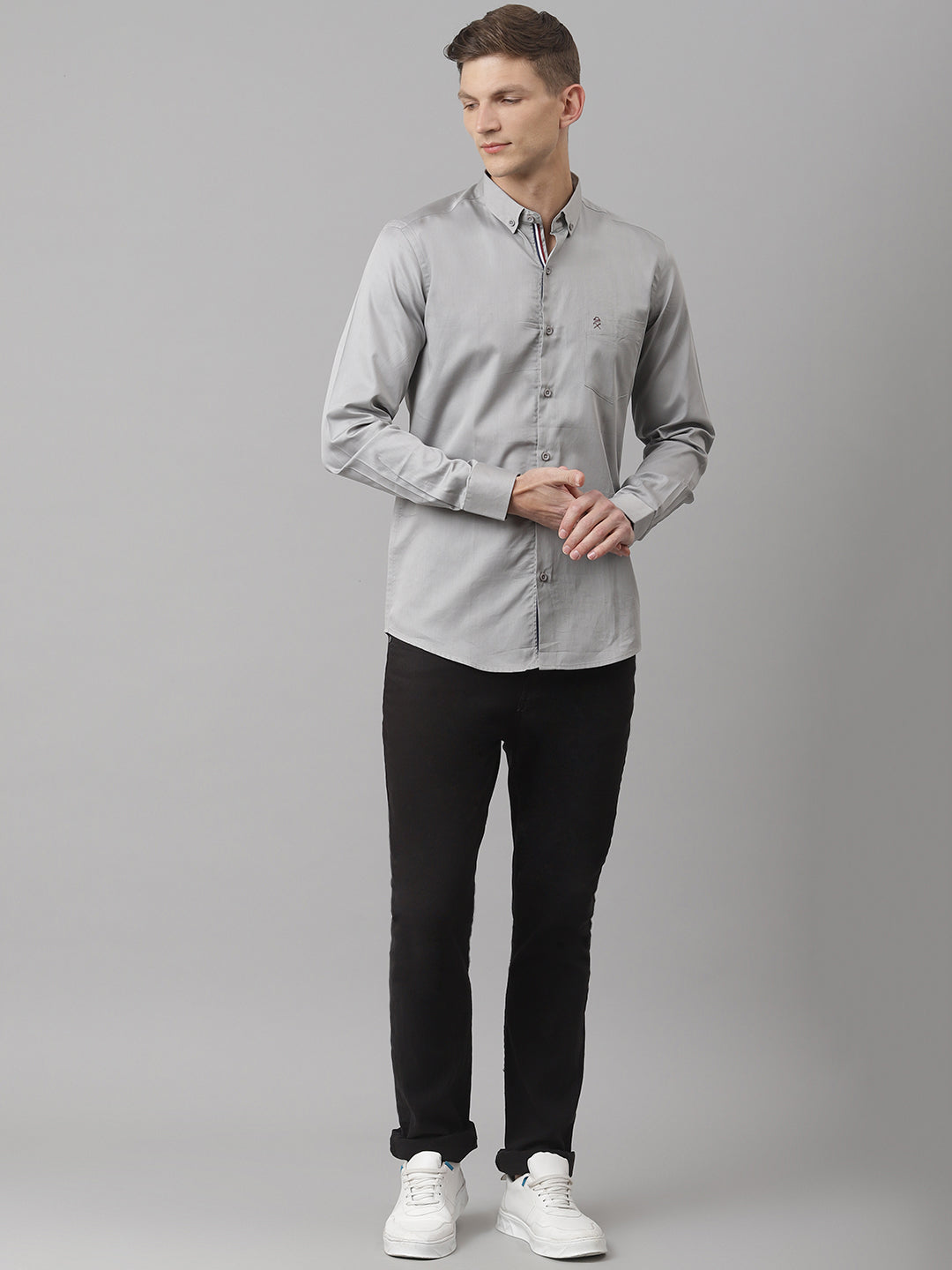 Thomas Scott Men Smoke Regular Fit Long Sleeves Solid Button-Down Collar Cotton Casual Shirt