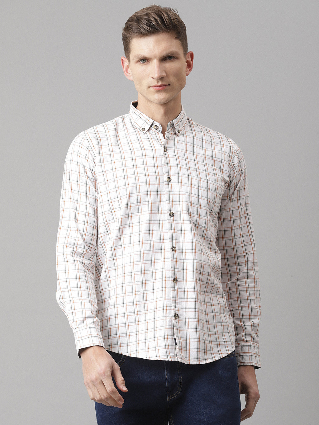 Thomas Scott Men White Slim Fit Long Sleeves Button-Down Collar Grid Tattersall Checks 100% Cotton Casual Shirt