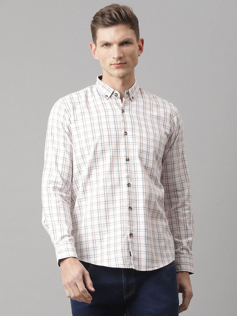 Thomas Scott Men White Slim Fit Long Sleeves Button-Down Collar Grid Tattersall Checks 100% Cotton Casual Shirt