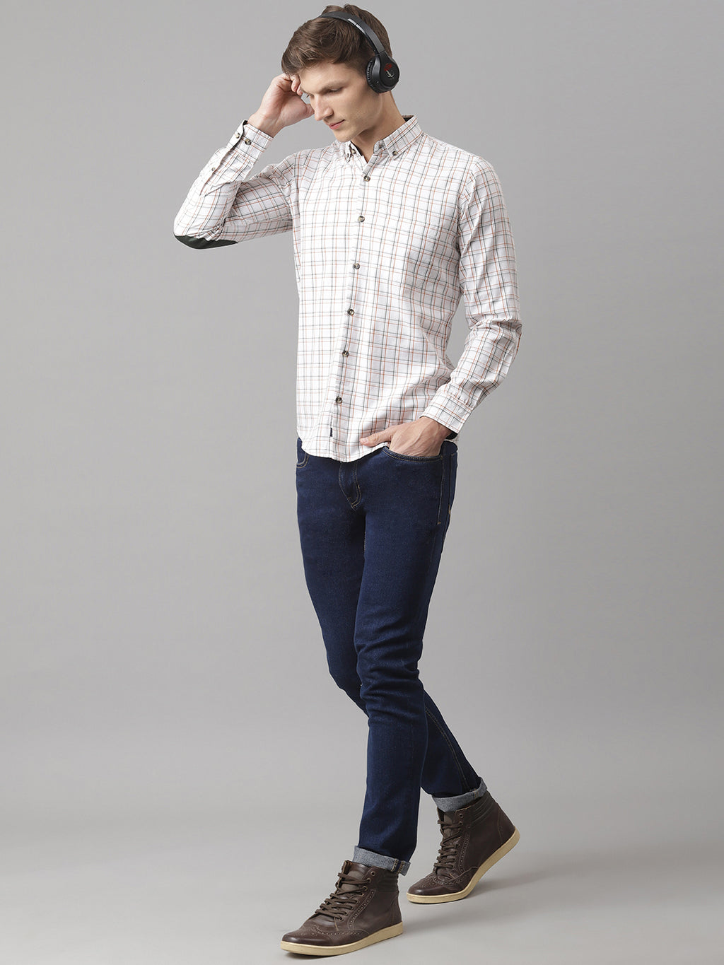Thomas Scott Men White Slim Fit Long Sleeves Button-Down Collar Grid Tattersall Checks 100% Cotton Casual Shirt