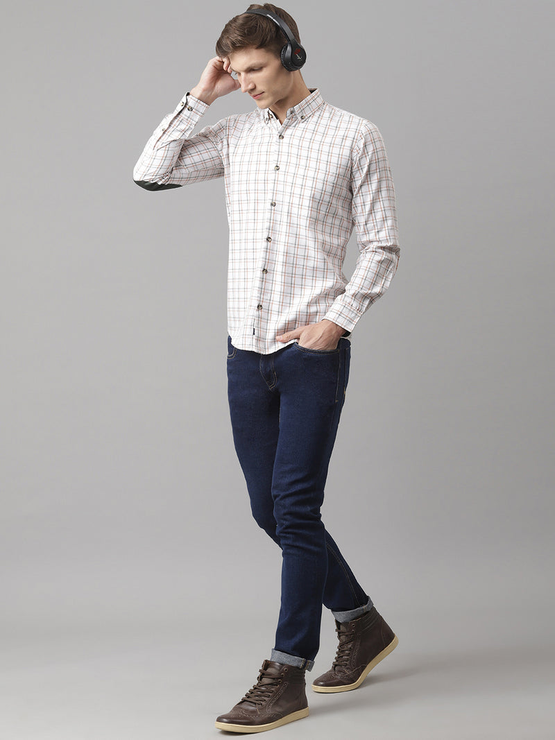 Thomas Scott Men White Slim Fit Long Sleeves Button-Down Collar Grid Tattersall Checks 100% Cotton Casual Shirt