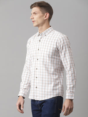 Thomas Scott Men White Slim Fit Long Sleeves Button-Down Collar Grid Tattersall Checks 100% Cotton Casual Shirt