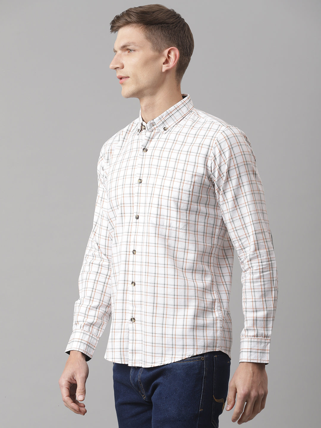 Thomas Scott Men White Slim Fit Long Sleeves Button-Down Collar Grid Tattersall Checks 100% Cotton Casual Shirt