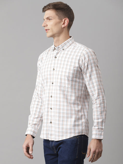 Thomas Scott Men White Slim Fit Long Sleeves Button-Down Collar Grid Tattersall Checks 100% Cotton Casual Shirt