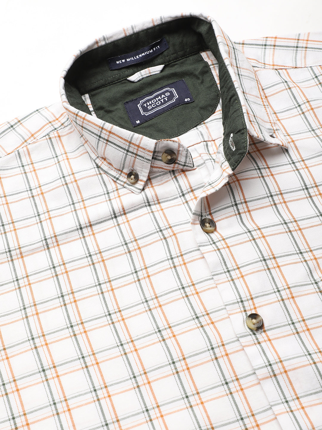 Thomas Scott Men White Slim Fit Long Sleeves Button-Down Collar Grid Tattersall Checks 100% Cotton Casual Shirt