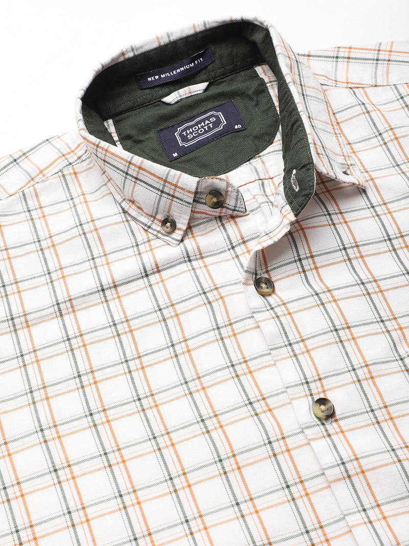 Thomas Scott Men White Slim Fit Long Sleeves Button-Down Collar Grid Tattersall Checks 100% Cotton Casual Shirt
