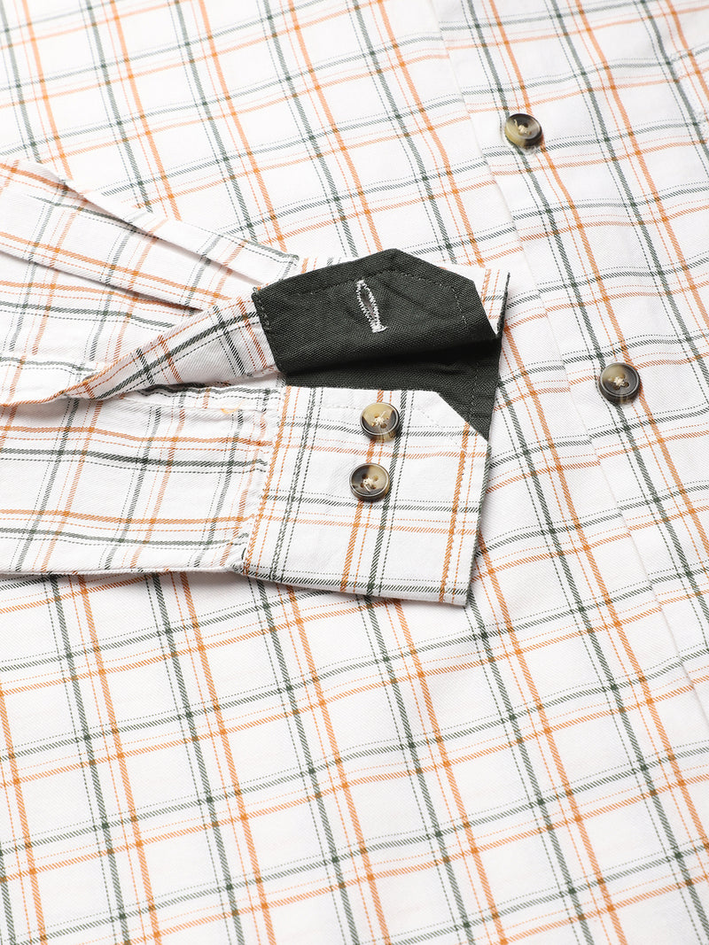 Thomas Scott Men White Slim Fit Long Sleeves Button-Down Collar Grid Tattersall Checks 100% Cotton Casual Shirt
