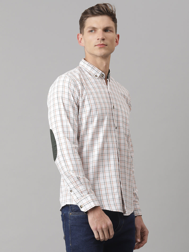 Thomas Scott Men White Slim Fit Long Sleeves Button-Down Collar Grid Tattersall Checks 100% Cotton Casual Shirt