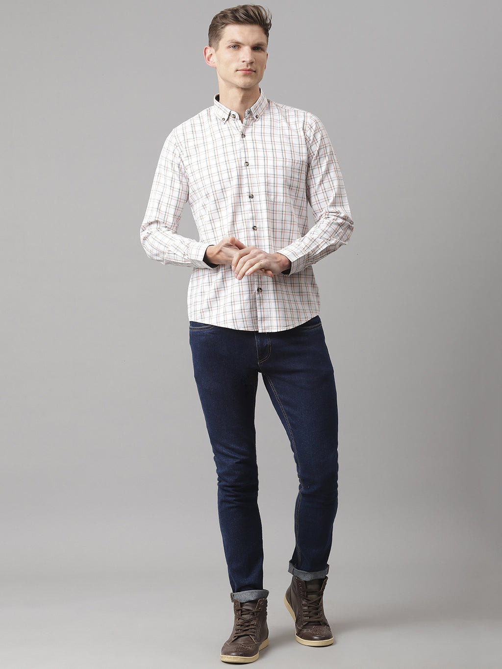Thomas Scott Men White Slim Fit Long Sleeves Button-Down Collar Grid Tattersall Checks 100% Cotton Casual Shirt