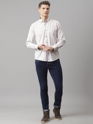 Thomas Scott Men White Slim Fit Long Sleeves Button-Down Collar Grid Tattersall Checks 100% Cotton Casual Shirt