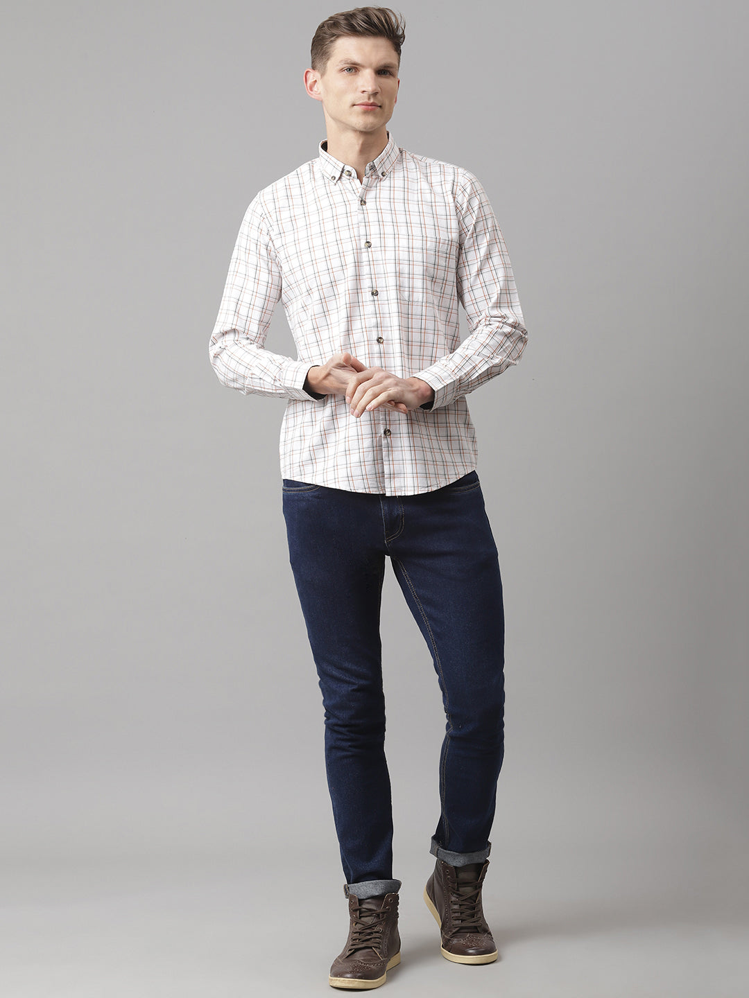 Thomas Scott Men White Slim Fit Long Sleeves Button-Down Collar Grid Tattersall Checks 100% Cotton Casual Shirt
