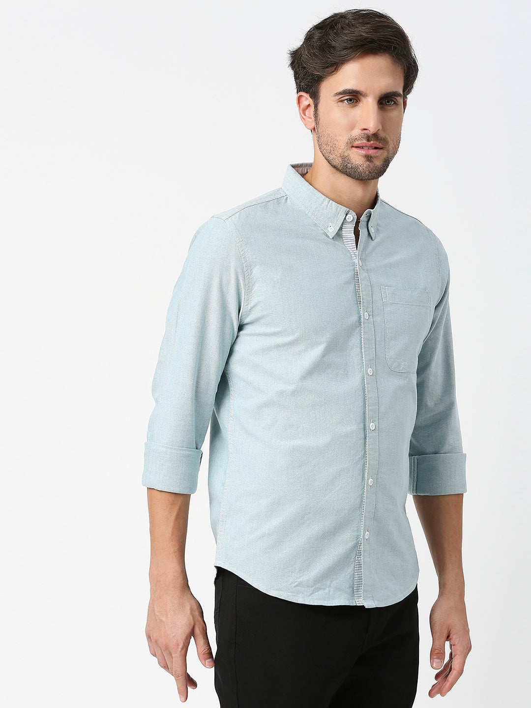 Thomas Scott Men Green Slim Fit Long Sleeves Button-Down Collar Solid 100% Cotton Oxford Casual Shirt