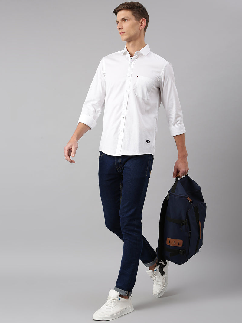 Thomas Scott Men White Relaxed Slim Fit Long Regular Sleeves Cotton Spread Collar Solid Casual Shirt