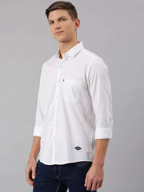 Thomas Scott Men White Relaxed Slim Fit Long Regular Sleeves Cotton Spread Collar Solid Casual Shirt