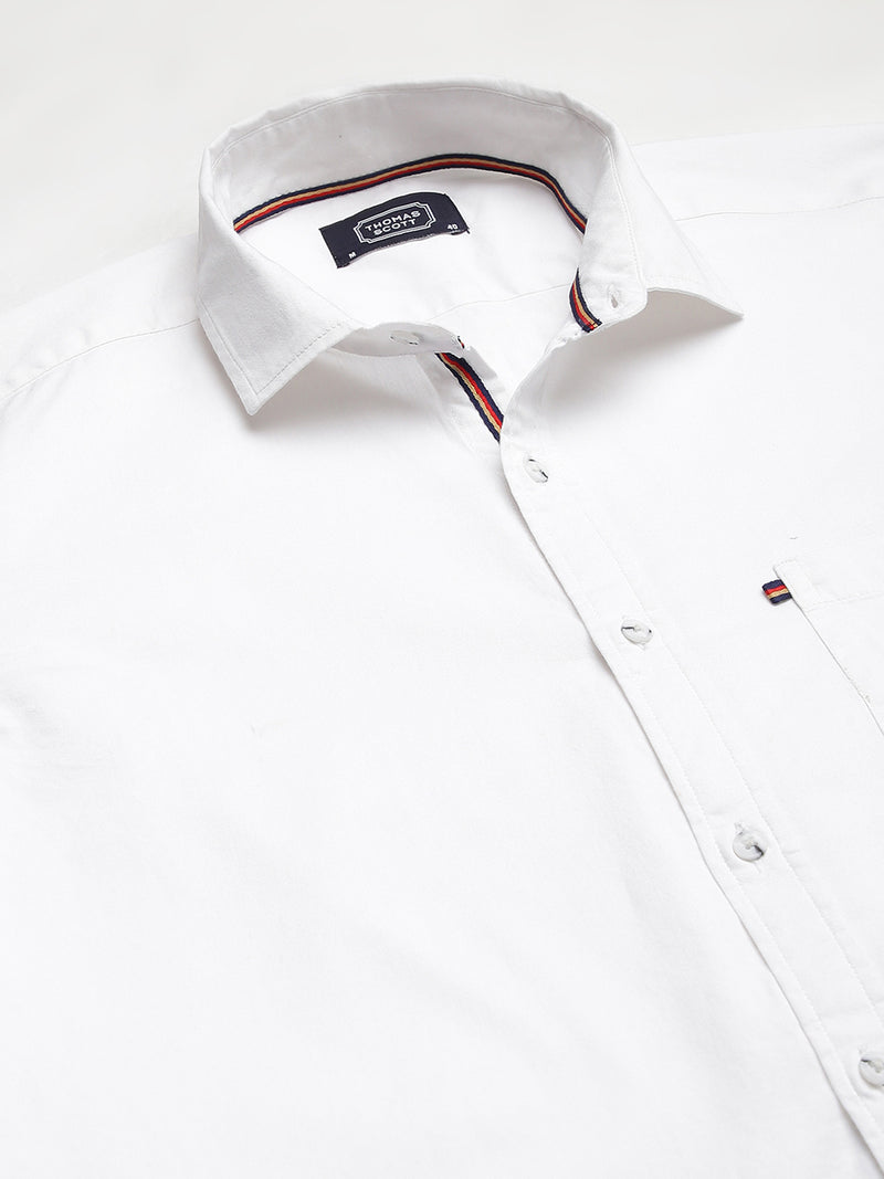 Thomas Scott Men White Relaxed Slim Fit Long Regular Sleeves Cotton Spread Collar Solid Casual Shirt