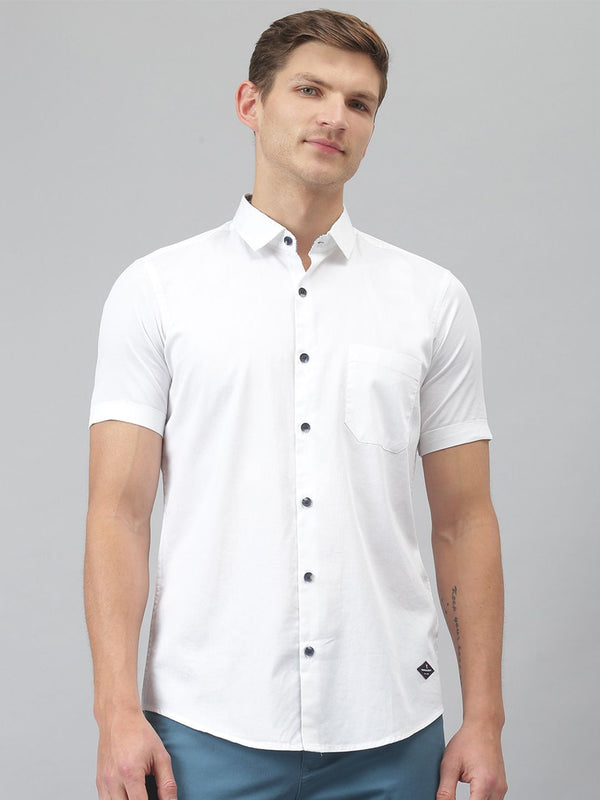 Thomas Scott Men White Relaxed Slim Fit Short Sleeves Spread Collar Solid Casual Shirt