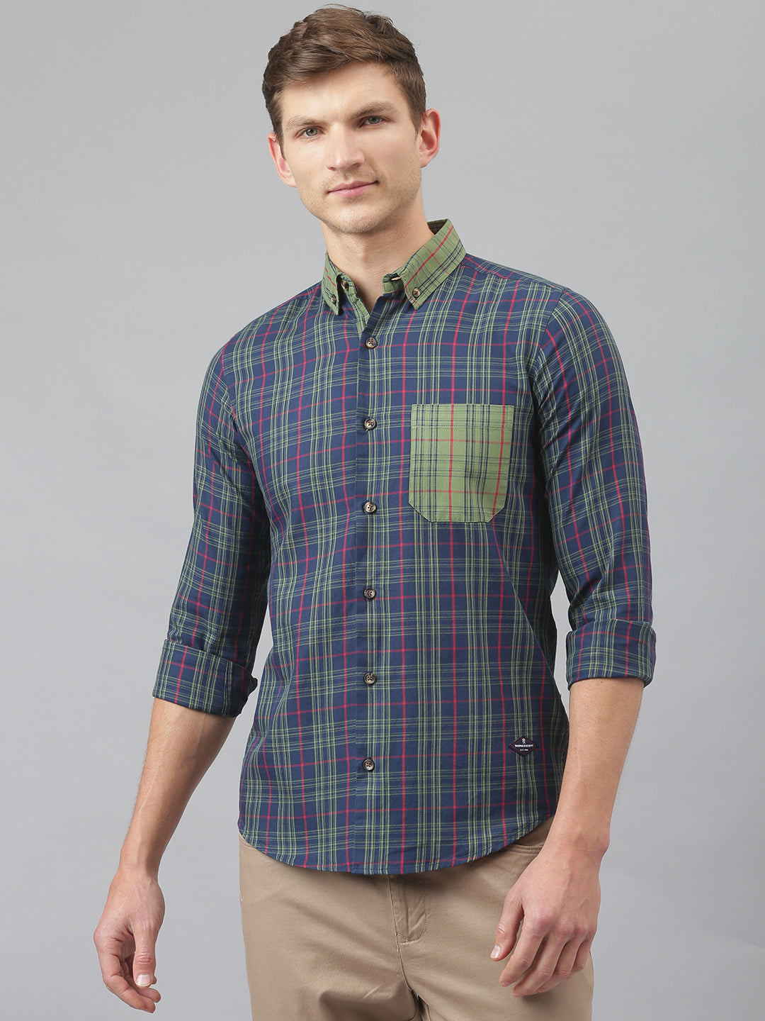 Thomas Scott Men Midnight Blue Relaxed Long Sleeves Slim Fit Tartan Checkes Button-Down Collar Cotton Casual Shirt