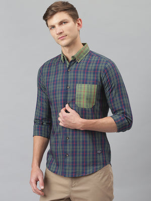Thomas Scott Men Midnight Blue Relaxed Long Sleeves Slim Fit Tartan Checkes Button-Down Collar Cotton Casual Shirt