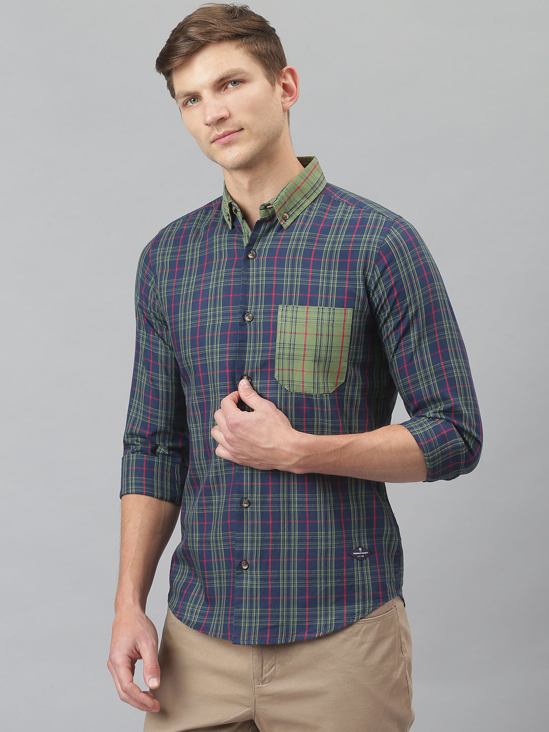 Thomas Scott Men Midnight Blue Relaxed Long Sleeves Slim Fit Tartan Checkes Button-Down Collar Cotton Casual Shirt