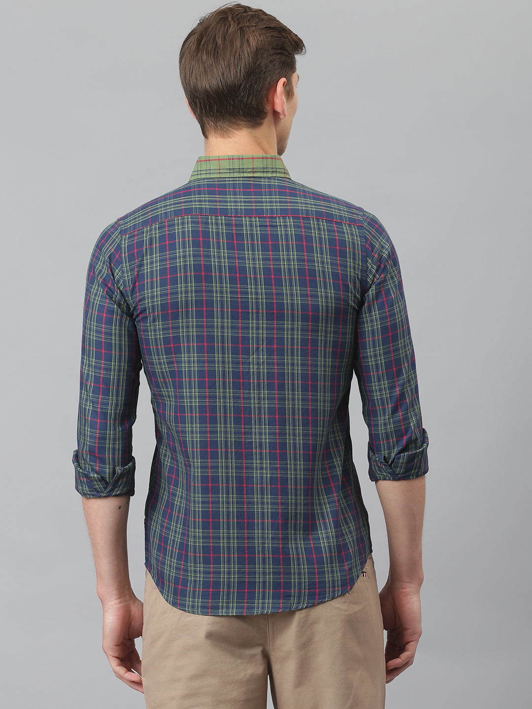 Thomas Scott Men Midnight Blue Relaxed Long Sleeves Slim Fit Tartan Checkes Button-Down Collar Cotton Casual Shirt
