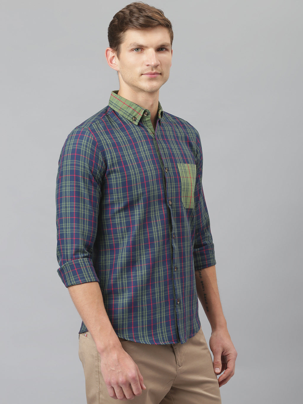 Thomas Scott Men Midnight Blue Relaxed Long Sleeves Slim Fit Tartan Checkes Button-Down Collar Cotton Casual Shirt