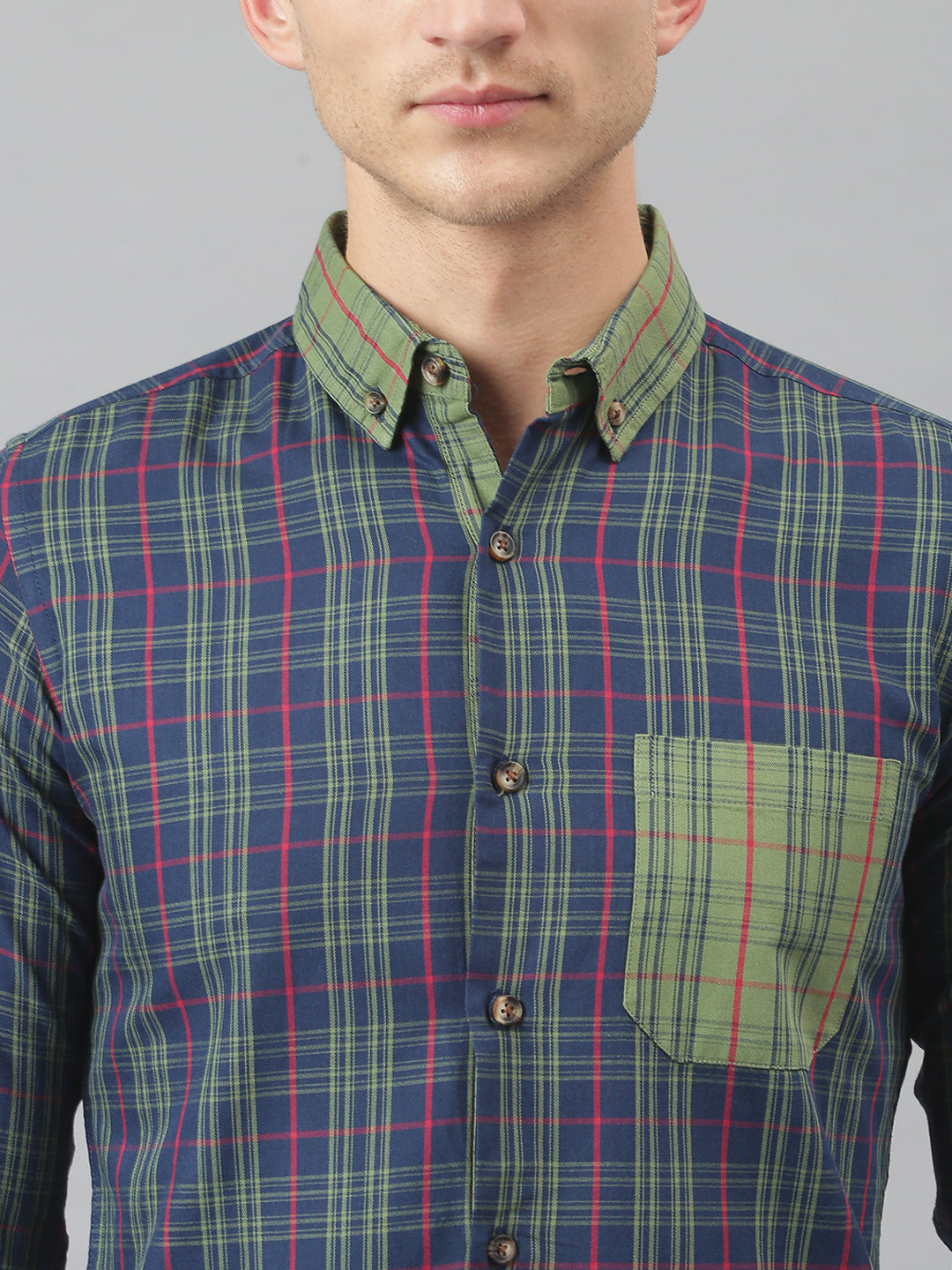 Thomas Scott Men Midnight Blue Relaxed Long Sleeves Slim Fit Tartan Checkes Button-Down Collar Cotton Casual Shirt