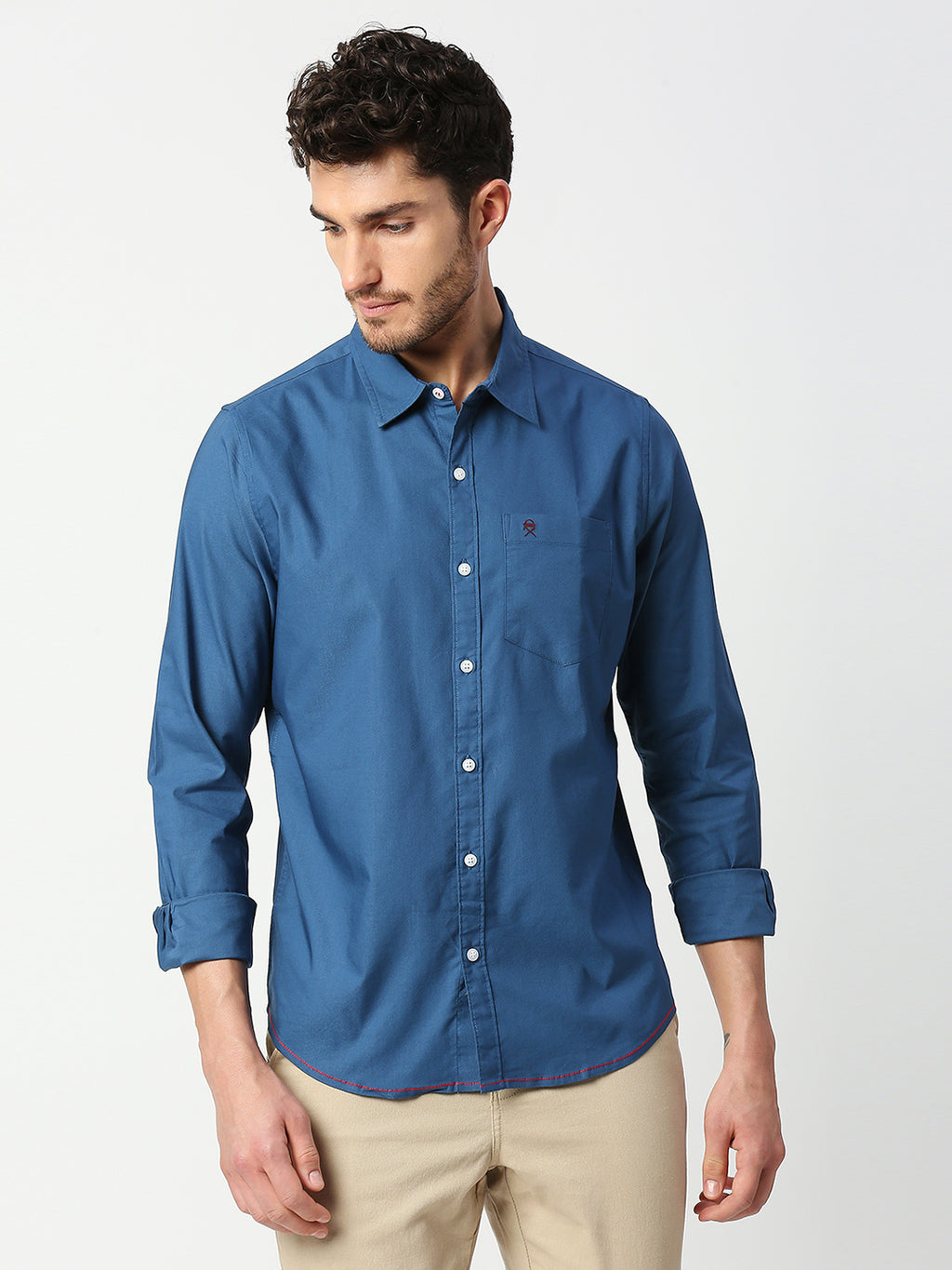Thomas Scott Men Dark Blue Slim Fit Long Sleeves Spread Solid Collar Casual Shirt