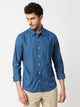 Dark Blue Slim Fit Long Sleeves Spread Solid Collar Casual Shirt For Men