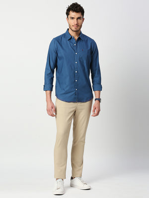 Thomas Scott Men Dark Blue Slim Fit Long Sleeves Spread Solid Collar Casual Shirt