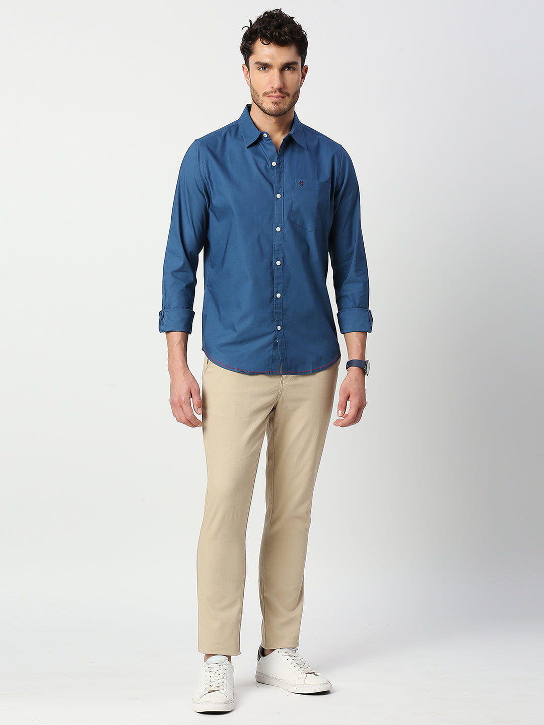 Thomas Scott Men Dark Blue Slim Fit Long Sleeves Spread Solid Collar Casual Shirt