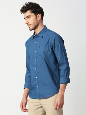 Thomas Scott Men Dark Blue Slim Fit Long Sleeves Spread Solid Collar Casual Shirt