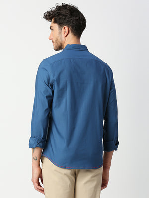 Thomas Scott Men Dark Blue Slim Fit Long Sleeves Spread Solid Collar Casual Shirt