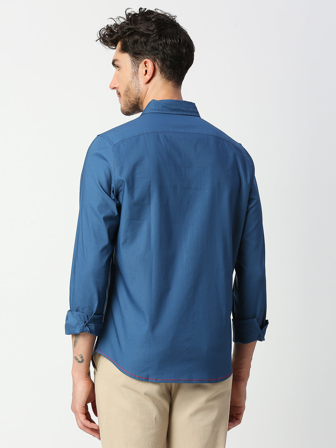Thomas Scott Men Dark Blue Slim Fit Long Sleeves Spread Solid Collar Casual Shirt