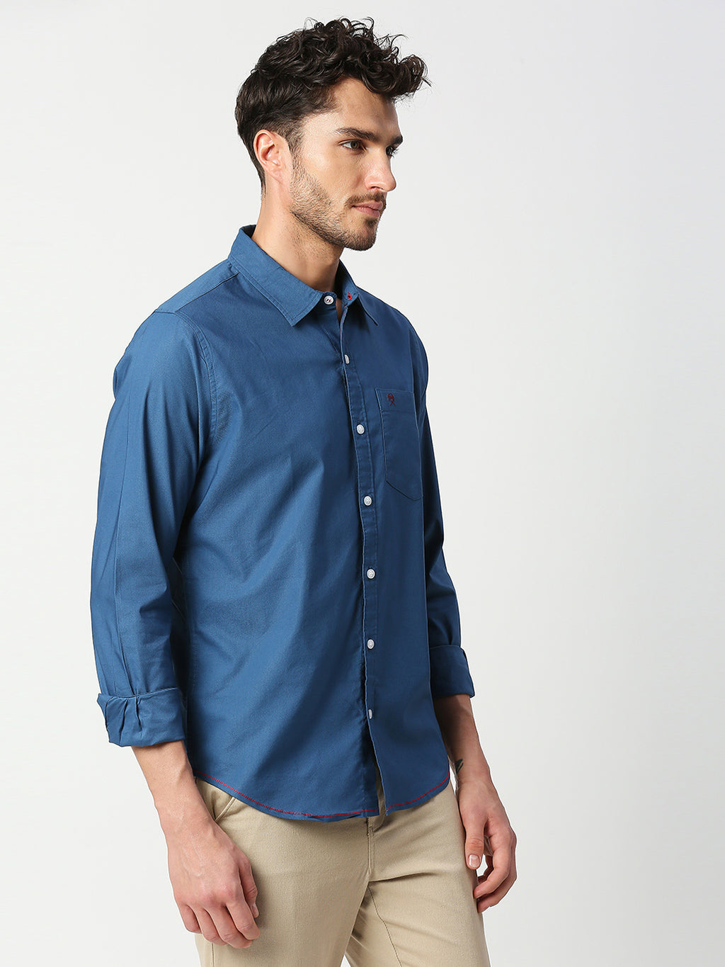 Thomas Scott Men Dark Blue Slim Fit Long Sleeves Spread Solid Collar Casual Shirt