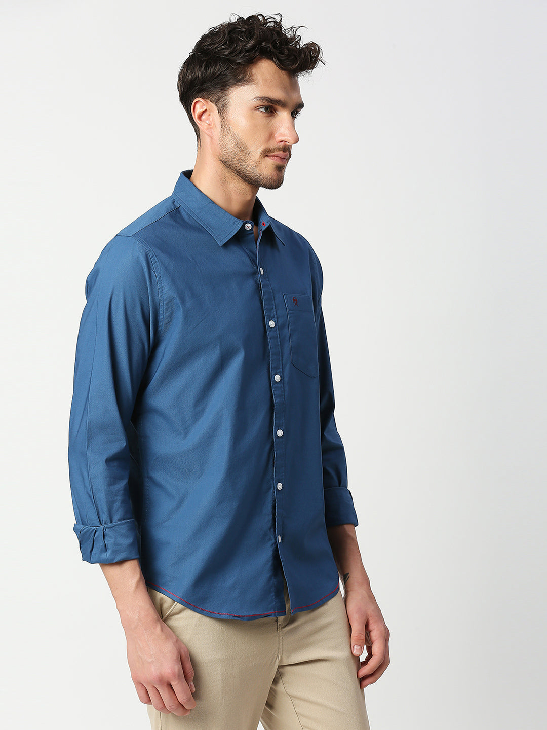 Thomas Scott Men Dark Blue Slim Fit Long Sleeves Spread Solid Collar Casual Shirt