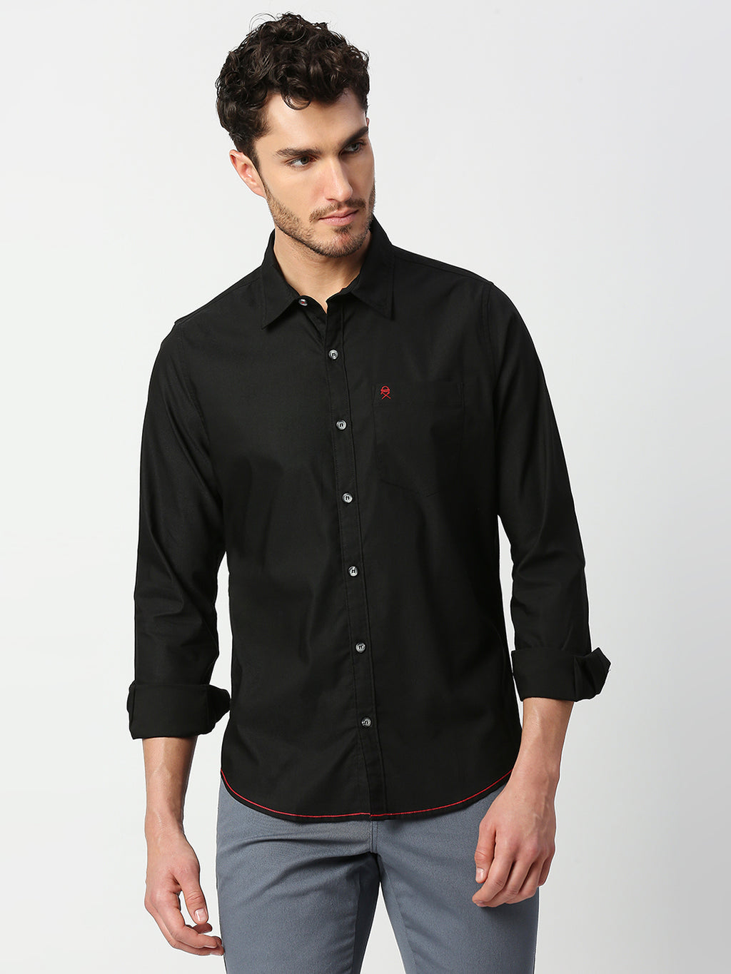 Thomas Scott Men Black Slim Fit Long Sleeves Spread Collar Solid Cotton Casual Shirt