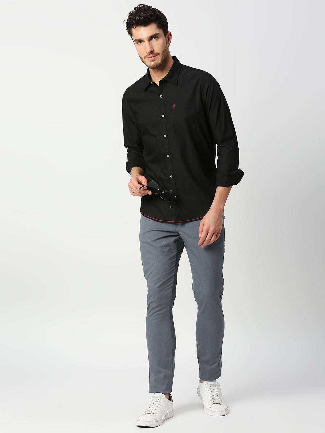 Thomas Scott Men Black Slim Fit Long Sleeves Spread Collar Solid Cotton Casual Shirt