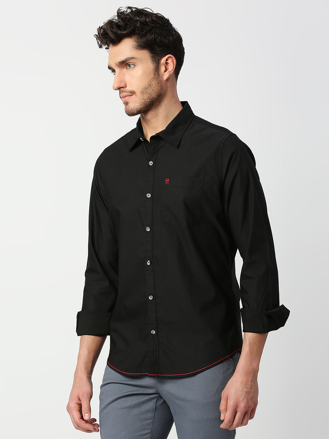 Thomas Scott Men Black Slim Fit Long Sleeves Spread Collar Solid Cotton Casual Shirt