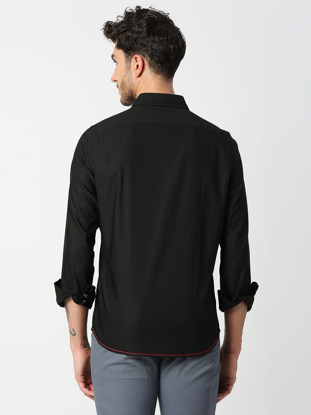 Thomas Scott Men Black Slim Fit Long Sleeves Spread Collar Solid Cotton Casual Shirt