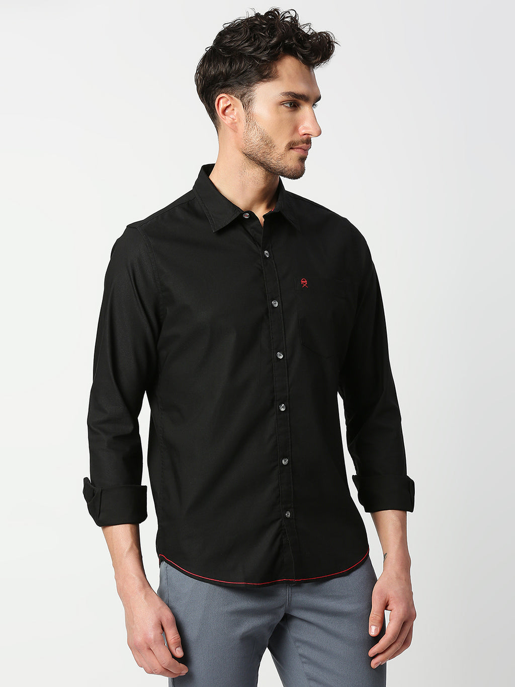 Thomas Scott Men Black Slim Fit Long Sleeves Spread Collar Solid Cotton Casual Shirt