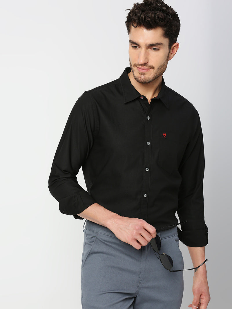 Thomas Scott Men Black Slim Fit Long Sleeves Spread Collar Solid Cotton Casual Shirt